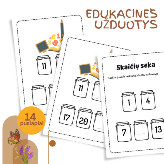 Skaičių sekos užduotys vaikams | 14 puslapių PDF lavinimo veiklos | Spausdinamos edukacinės užduotys matematikai